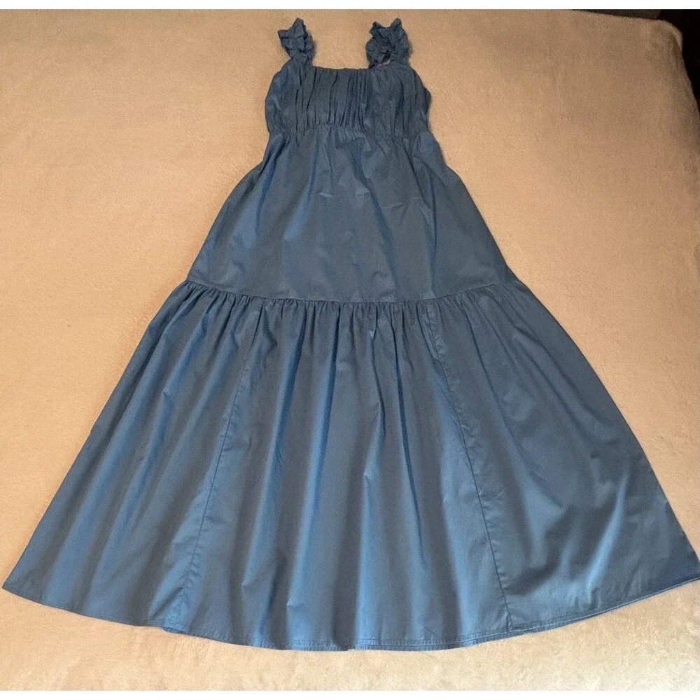 Abercrombie & Fitch Tiered Bow Back Ruffle Poplin Maxi Dress Sz MP Blue